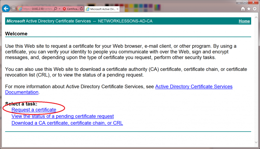 Windows 7 CertSRV Request Certificate