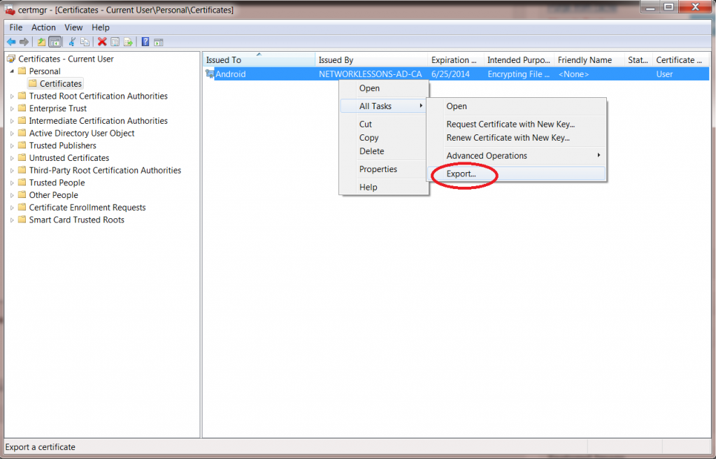 Windows 7 Certmgr Export User Certificate