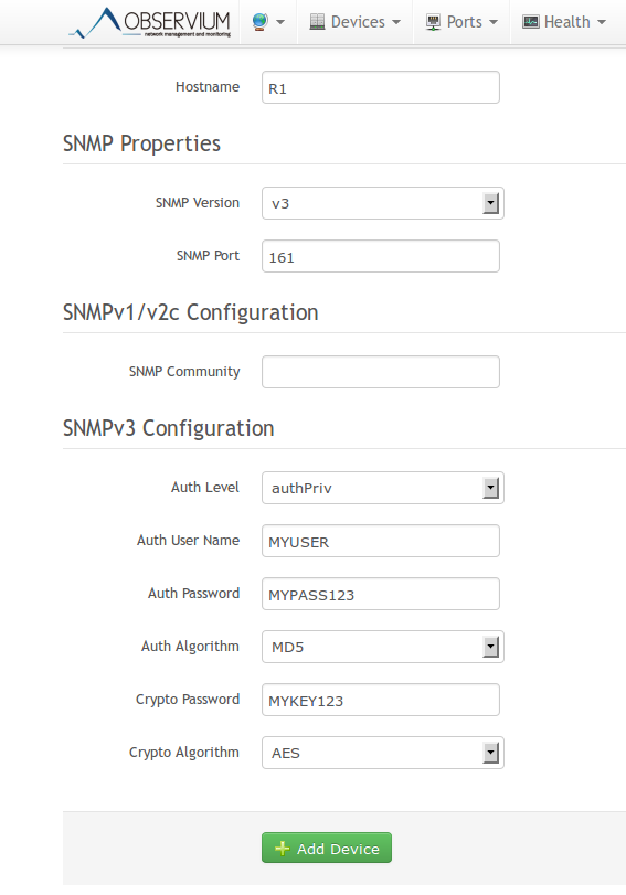 observium SNMPv3 add device