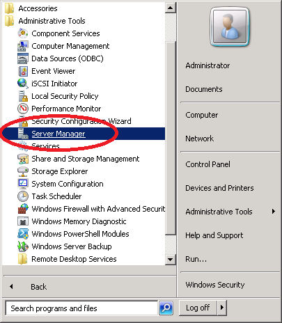 Windows Server 2008 Start Menu Server Manager