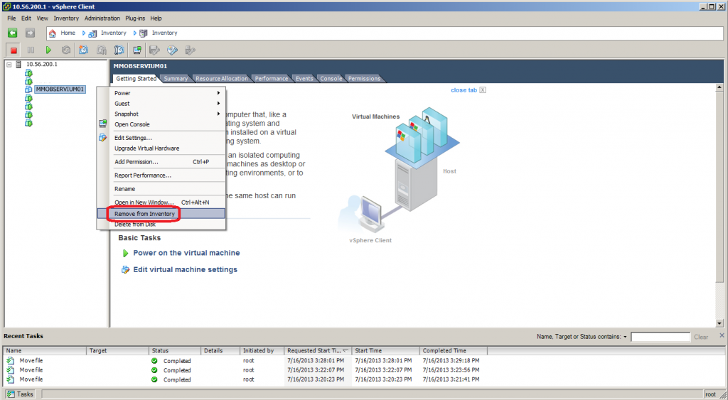 ESXi 5 vsphere client remove from inventory