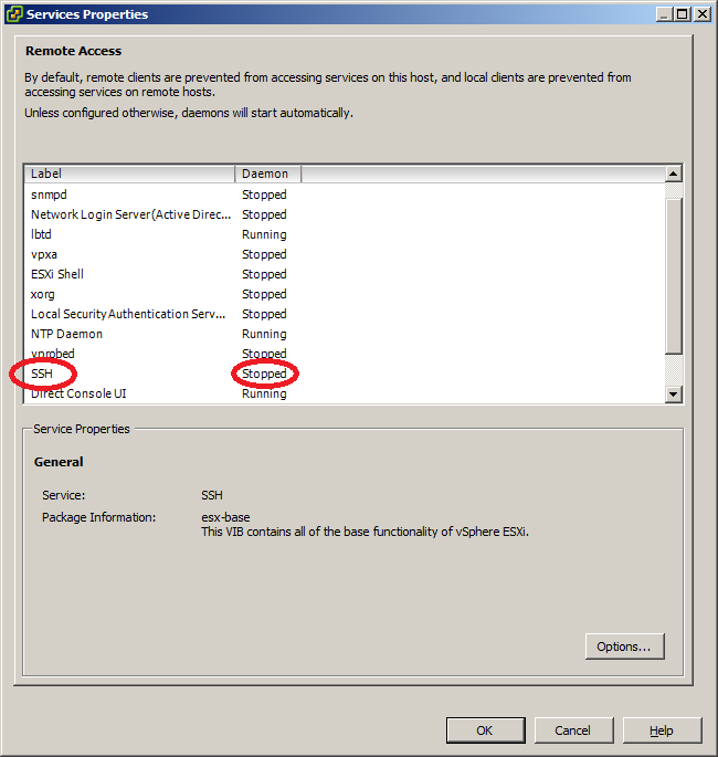 VMWare ESXi Service Properties