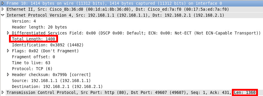 Wireshark HTTP IP Packet 1400 bytes