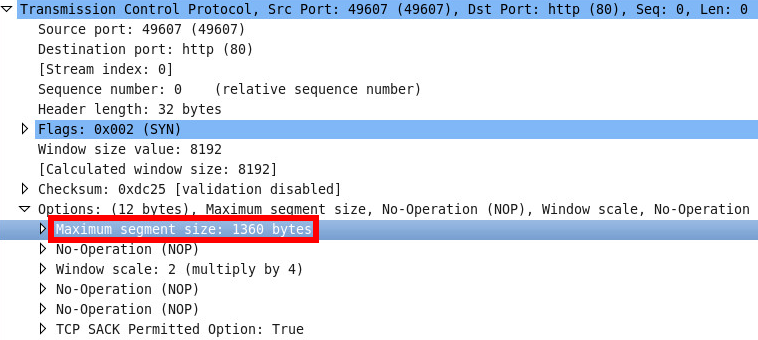 Wireshark TCP SYN Packet 1360 bytes