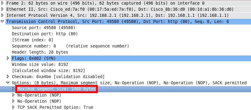 Wireshark TCP Syn Packet Maximum Segment Size