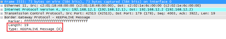 Wireshark Capture BGP Keepalive Message