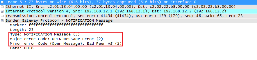 Wireshark capture BGP notification message