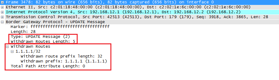 Wireshark Capture BGP Update Withdrawn Message