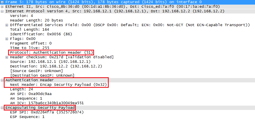 Wireshark Capture IPsec AH ESP Transport Mode