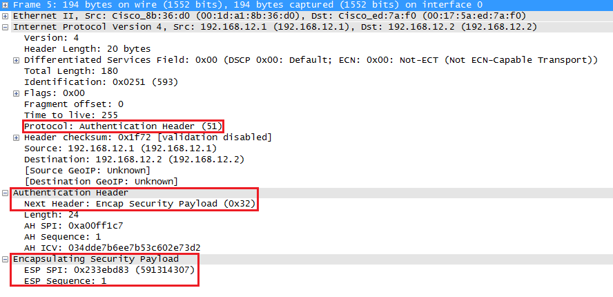 wireshark capture of ipsec ah and esp tunnel mode