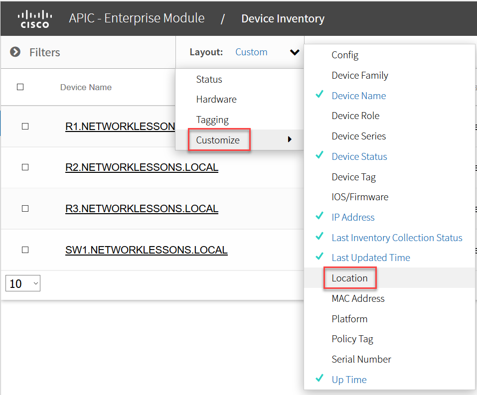 apic em device inventory custom