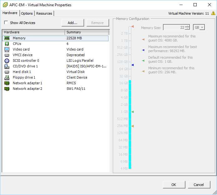 apic em virtual machine properties