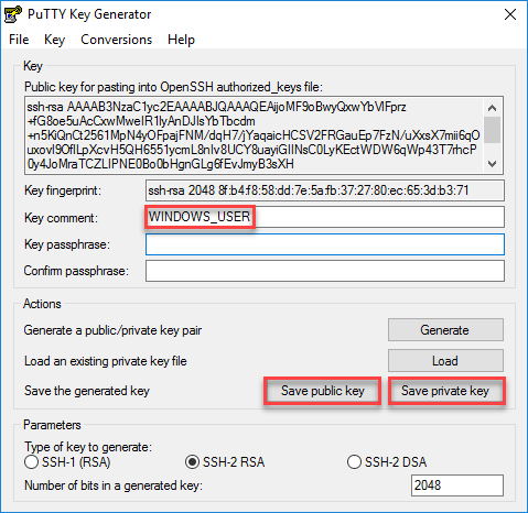 putty key generator save public private key