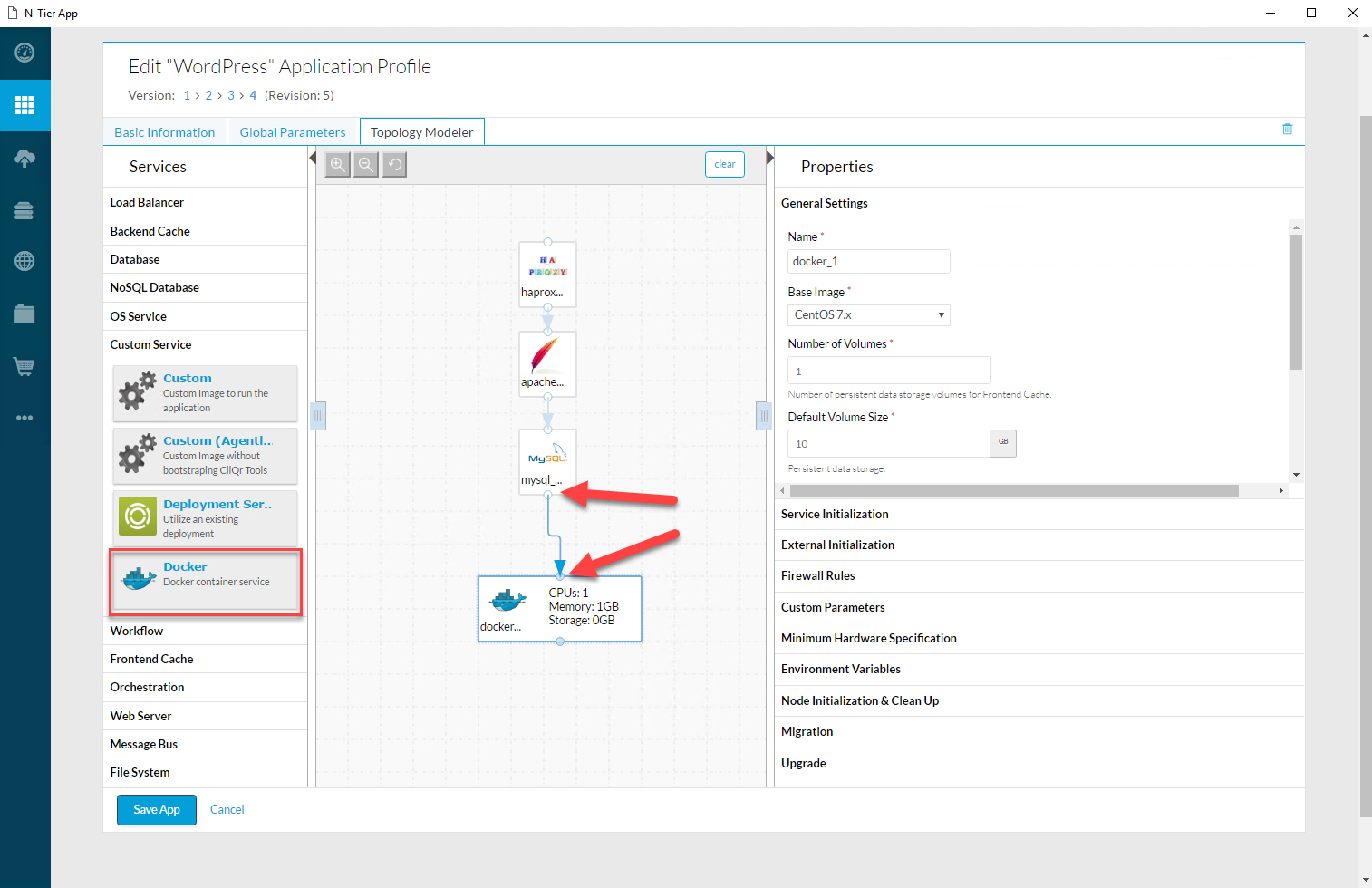 Cloud Center App Profiles Edit Blocks