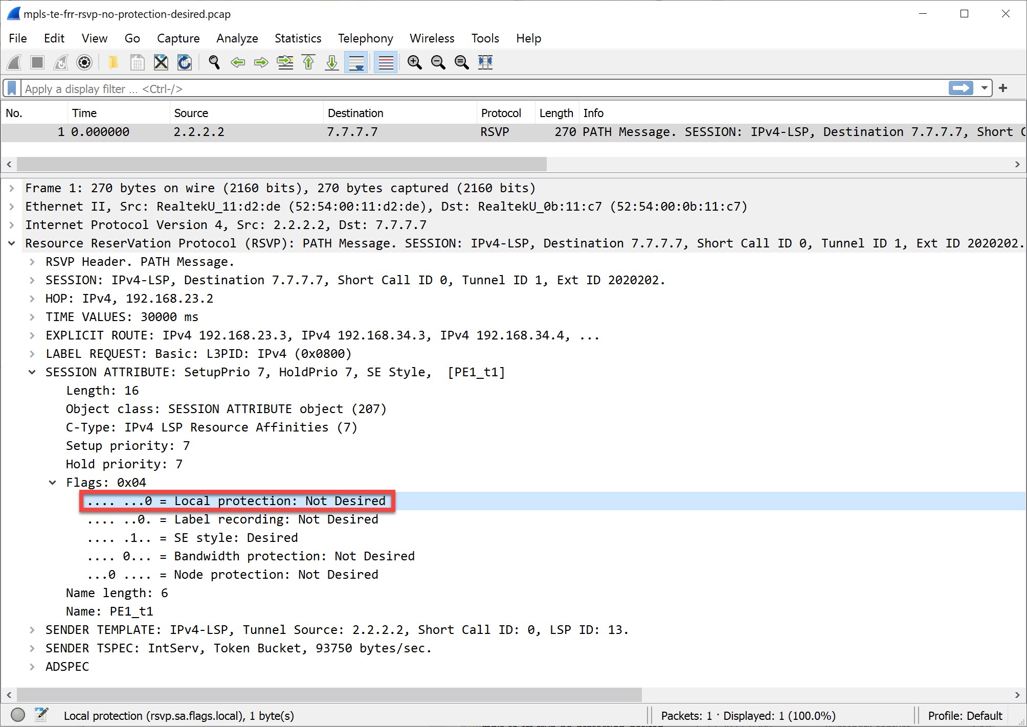 Mpls Te Frr Rsvp No Protection Desired