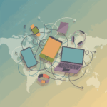 Laptop Phone Tablet Headphones Stringed Together World Map
